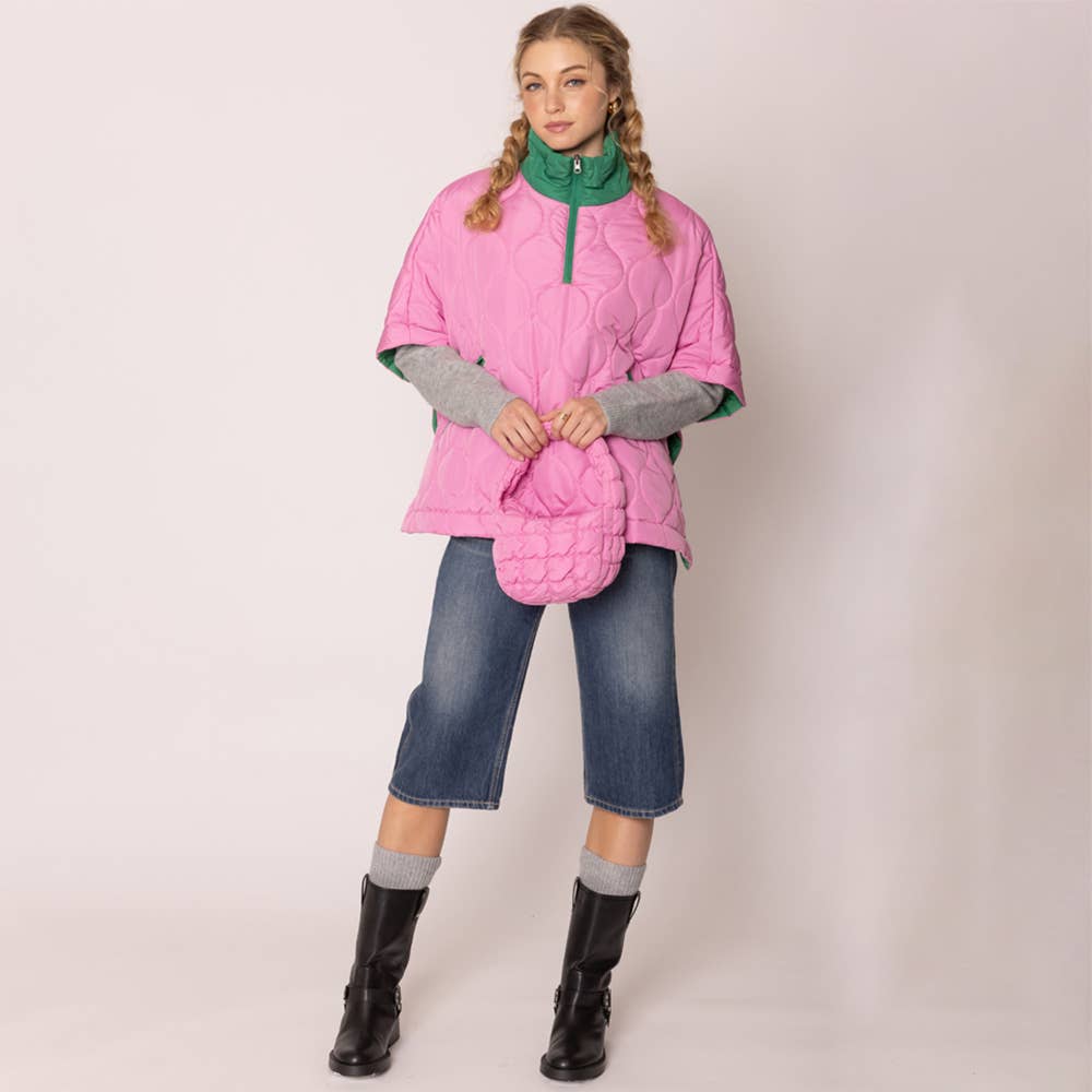 Pink and Green Quilted Puffer Poncho - Willow and Queen