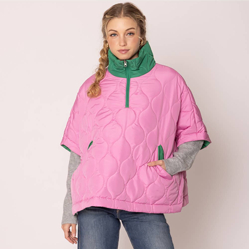 Pink and Green Quilted Puffer Poncho - Willow and Queen
