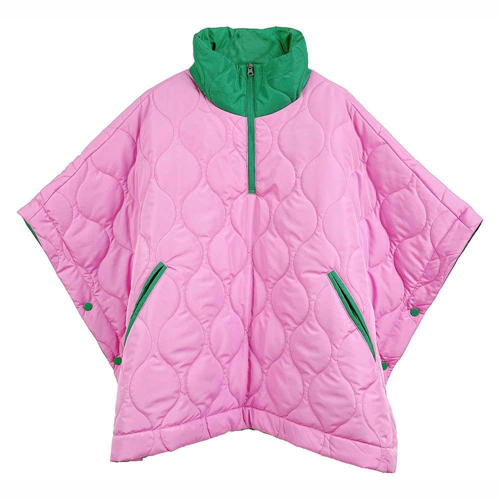 Pink and Green Quilted Puffer Poncho - Willow and Queen