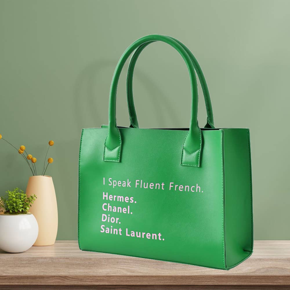 I Speak Fluent French Message Tote Bag / Shoulder Bag: Green - Willow and Queen